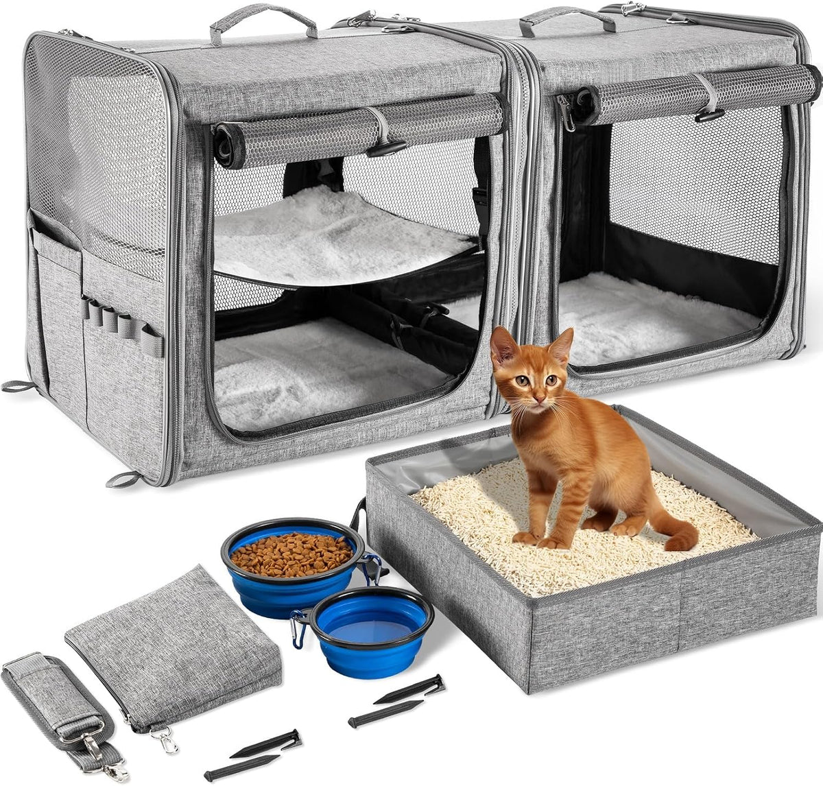 Extra Large Cat Carrier for 2 Cats with Travel Litter Box - Grey / Dual Carriers