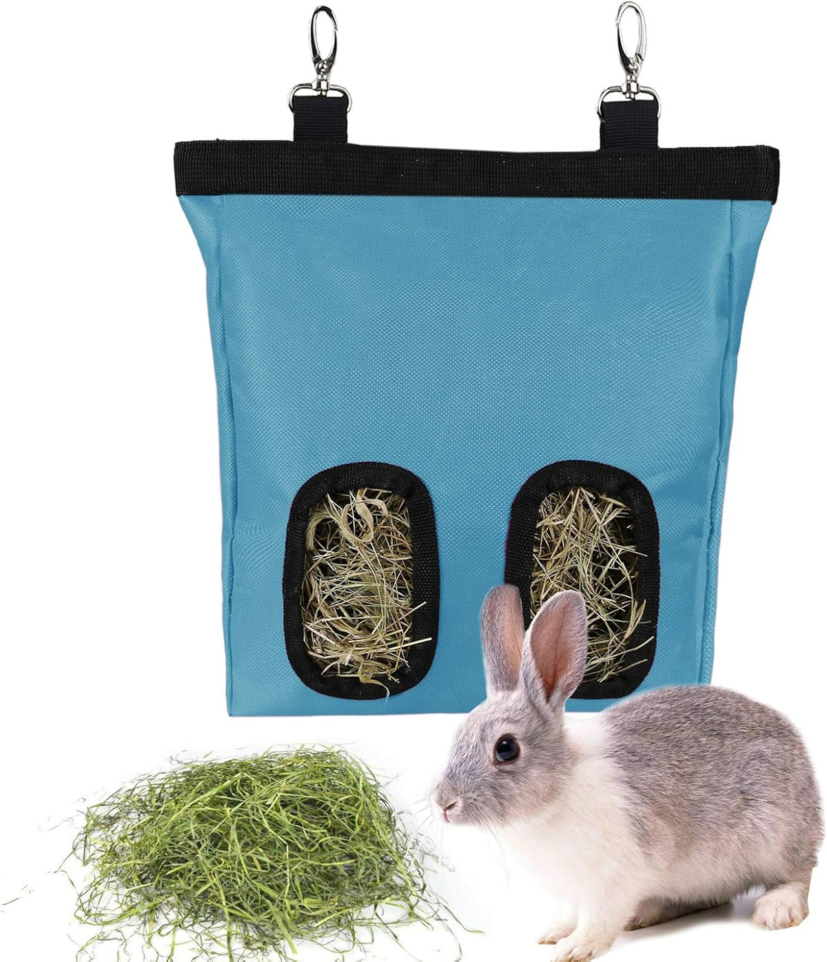 Rabbit Hay Feeder Bag Hanging Hay Rack – Essentials for Small Pets - 2 Windows / Blue