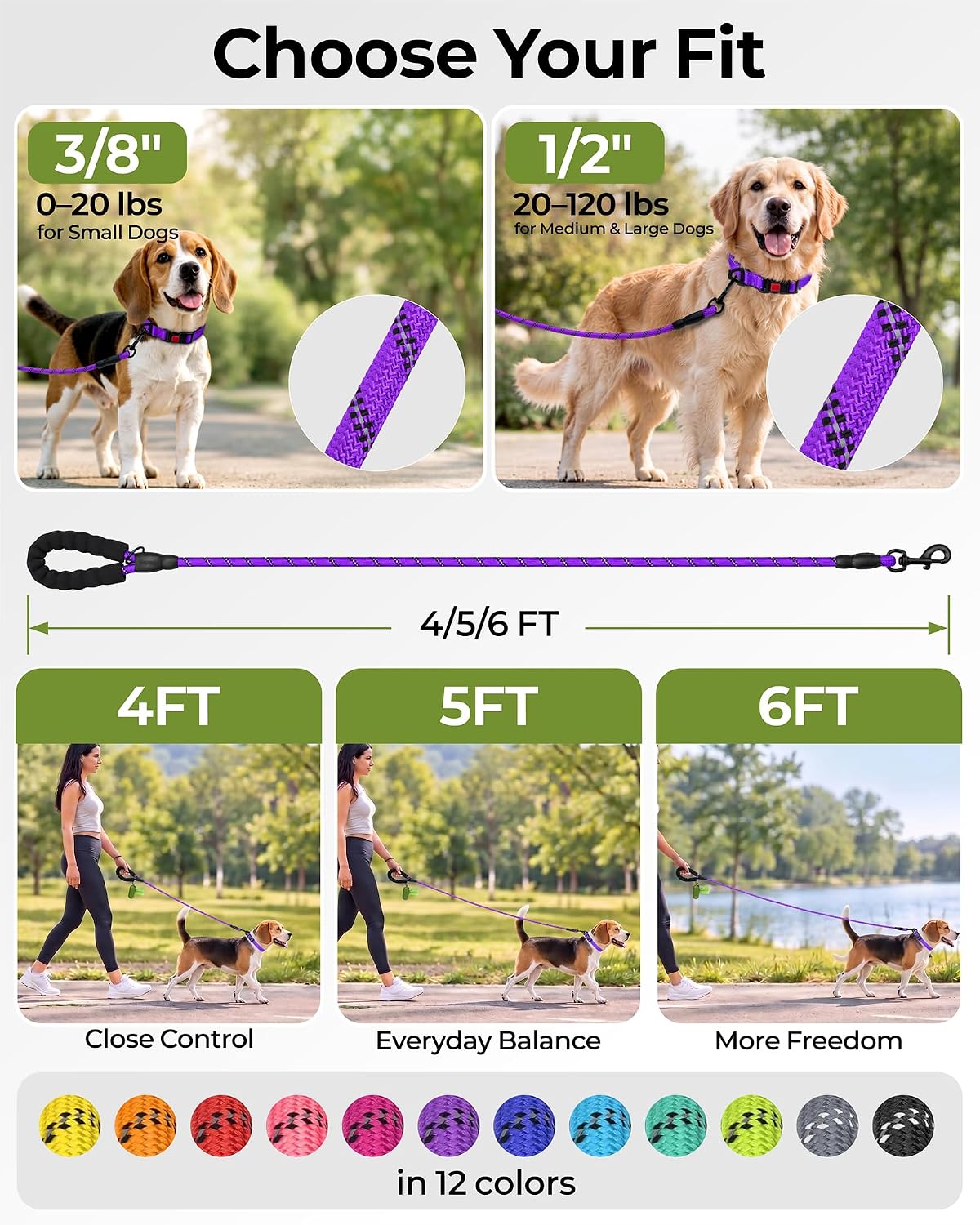 Taglory Rope Dog Leash for Medium Large Dogs - 3/8" x 6 FT (0~20 lbs.) / Purple - image 3
