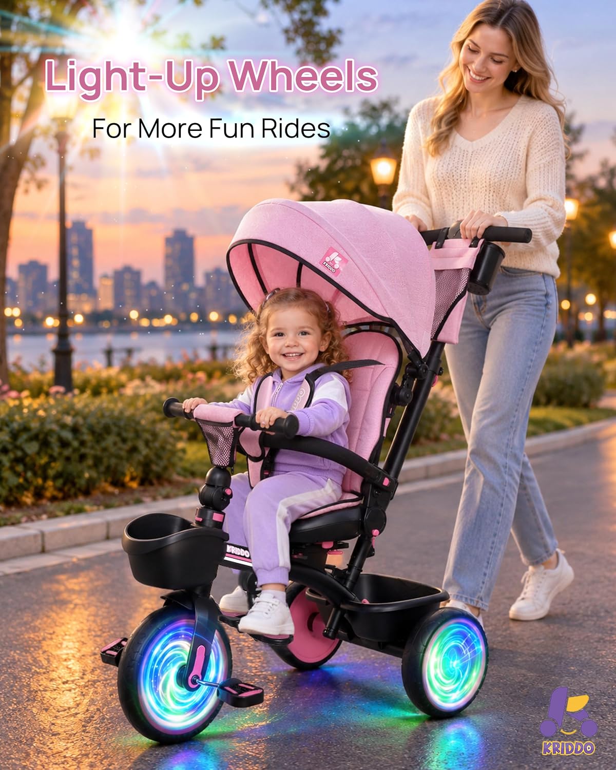 KRIDDO 7-in-1 toddler push tricycle with parent steering handle and canopy - view 19