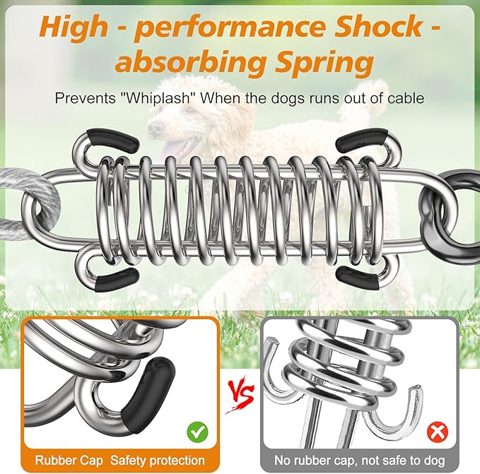 Tresbro 20 FT Dog Tie Out Cable with Spring, Shock Absorbing Tether Chains for Outside Aavilable in 10/15/20/25/30/40/50/70/100/120 FT, Heavy Duty Leads for Yard for Medium & Large Dogs Up to 500 LBS