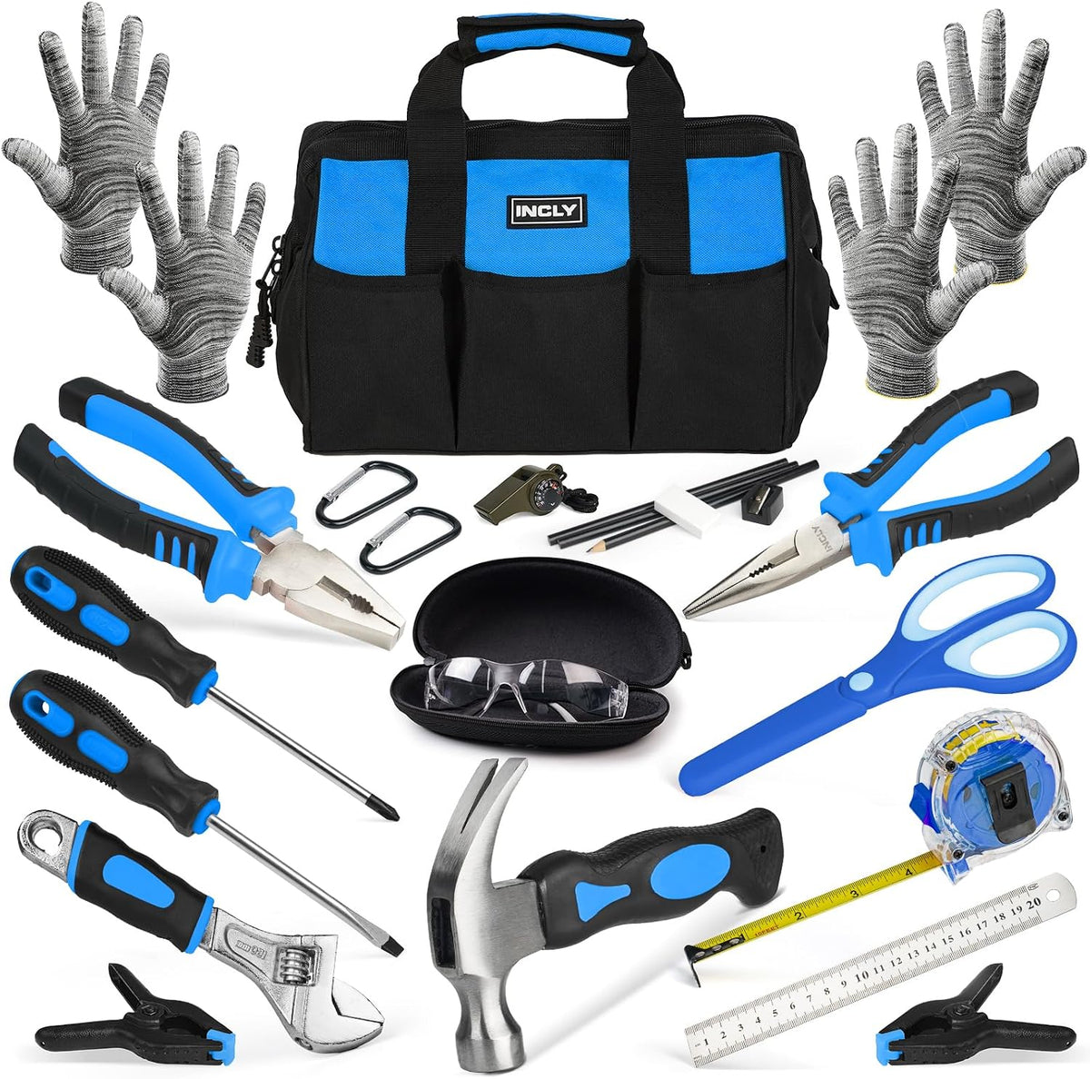INCLY 24 PCS Kids Real Tool Set with Tool Bag - Blue