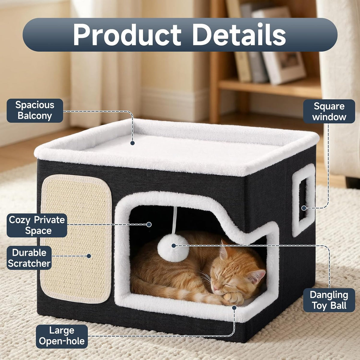 Shikha 2 Story Cat Bed House for Indoor Cats with Scratch Pads Black – Essentials for Cats - Black / Single / Without Heating Pad - image 4