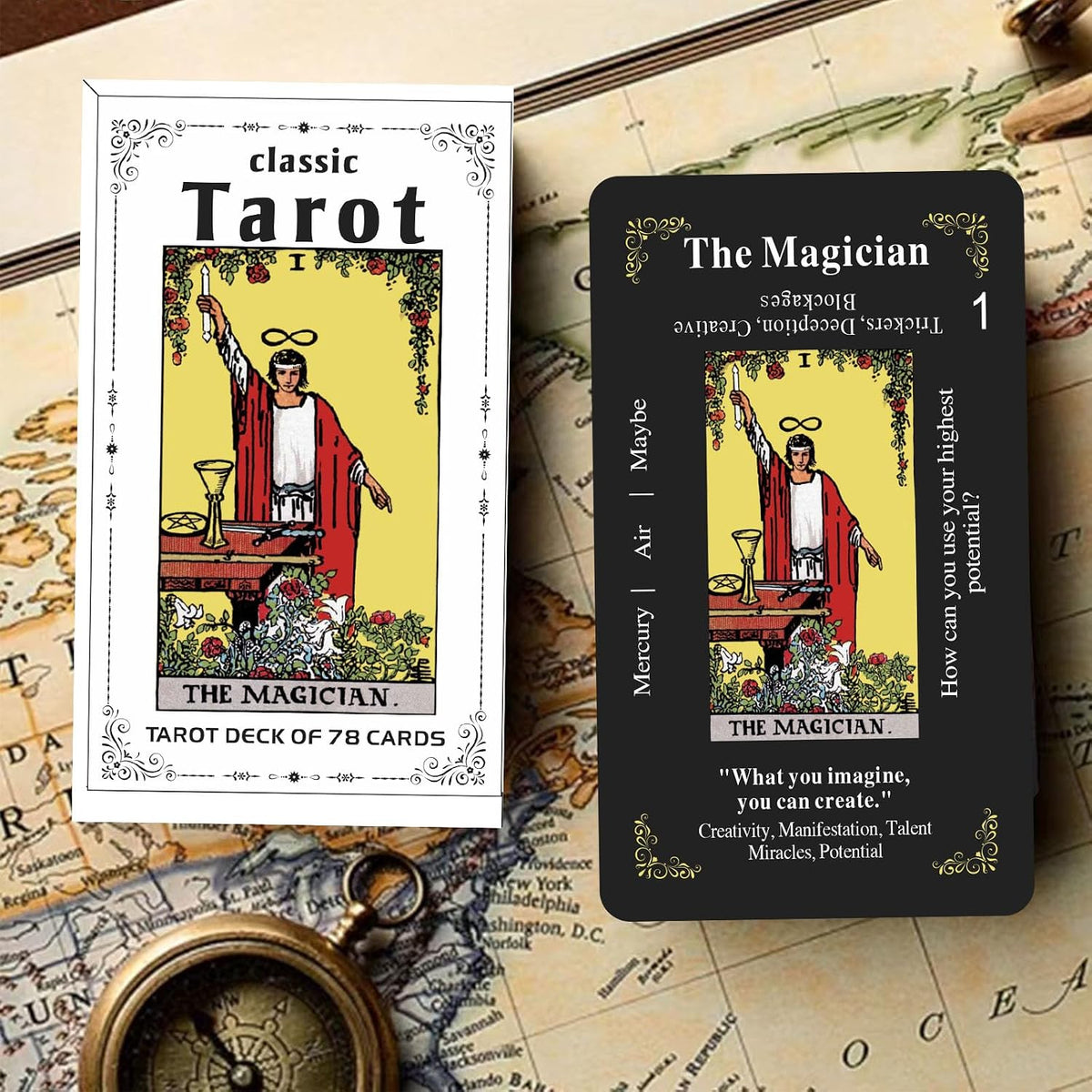 Classic tarot cards for beginners, 78-card black deck with meanings and keywords printed on each car - view 5
