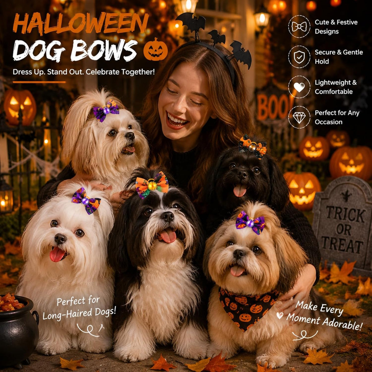 Tondiamo 100 Pack Halloween Dog Hair Bows Ghost Pattern Rubber Bands – Essentials for Dogs - Ghost Pattern - image 2