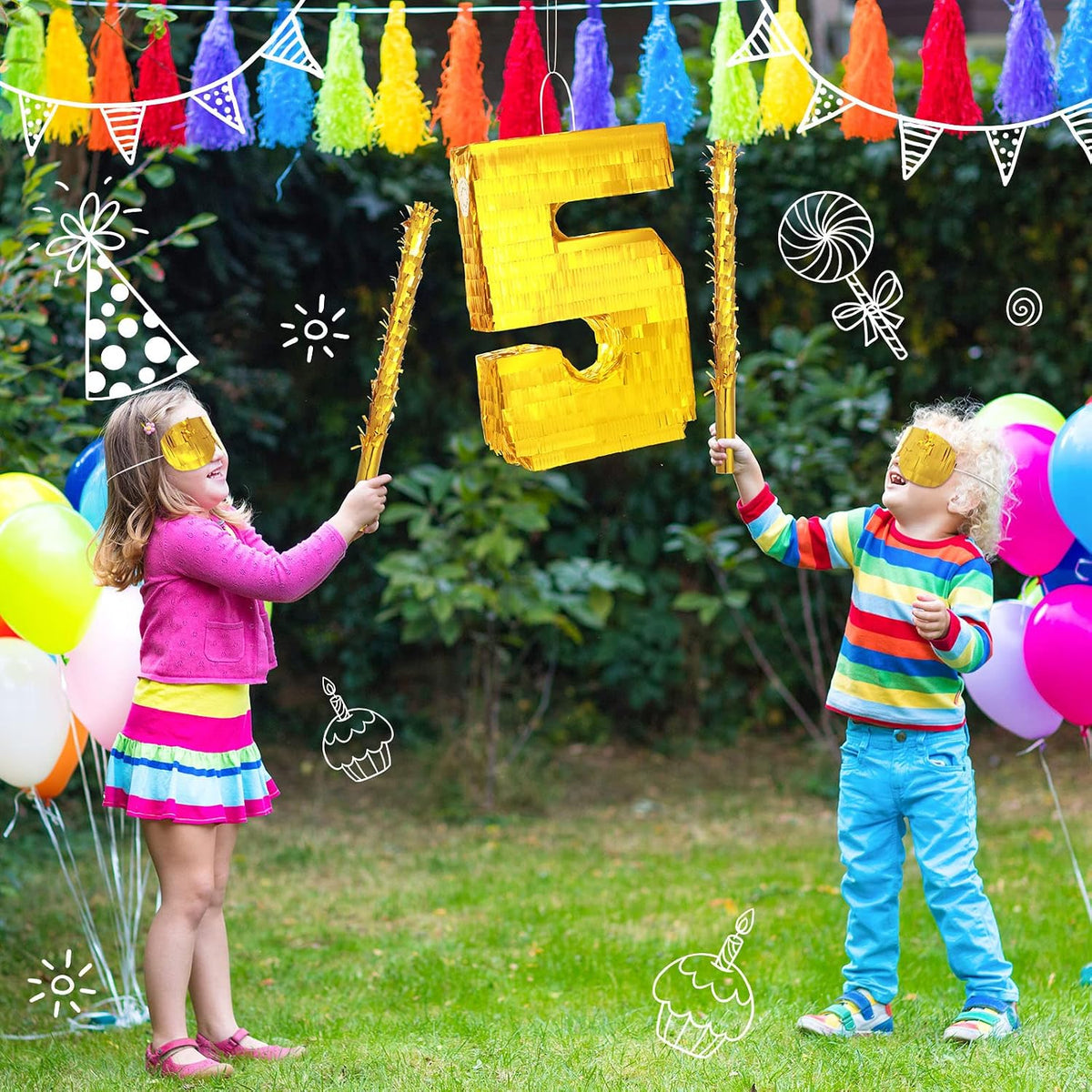 Sratte gold foil number piñata set with gold blindfold, piñata stick and bag of confetti - view 26
