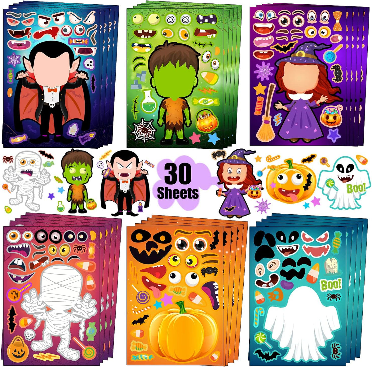 60 Packs Halloween Stickers Pumpkin Decorating Kit - 30pcs Halloween Sticker