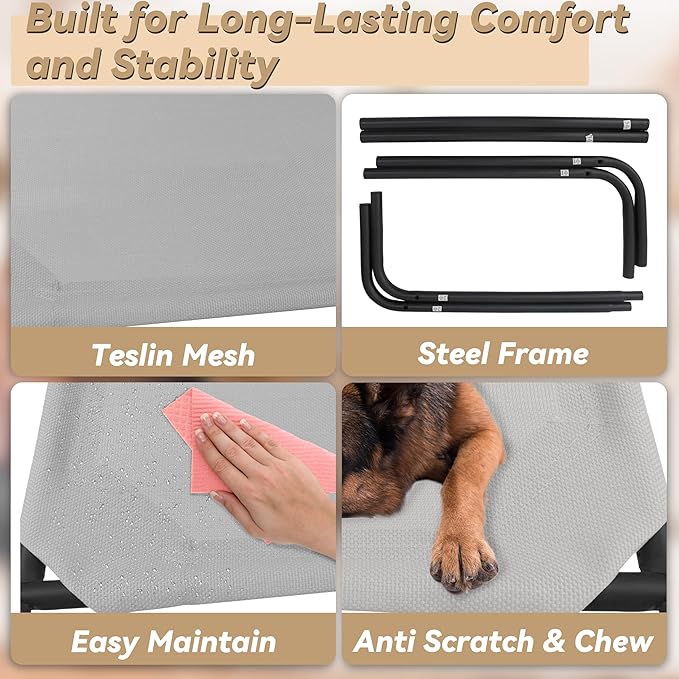 PHYEX Raised Pet Cot for Small Pets, Elevated Dog Bed with Breathable Mesh, Sturdy Steel Frame for Indoor & Outdoor Use, Non-Slip Design, Easy Clean, 33-Inch Grey