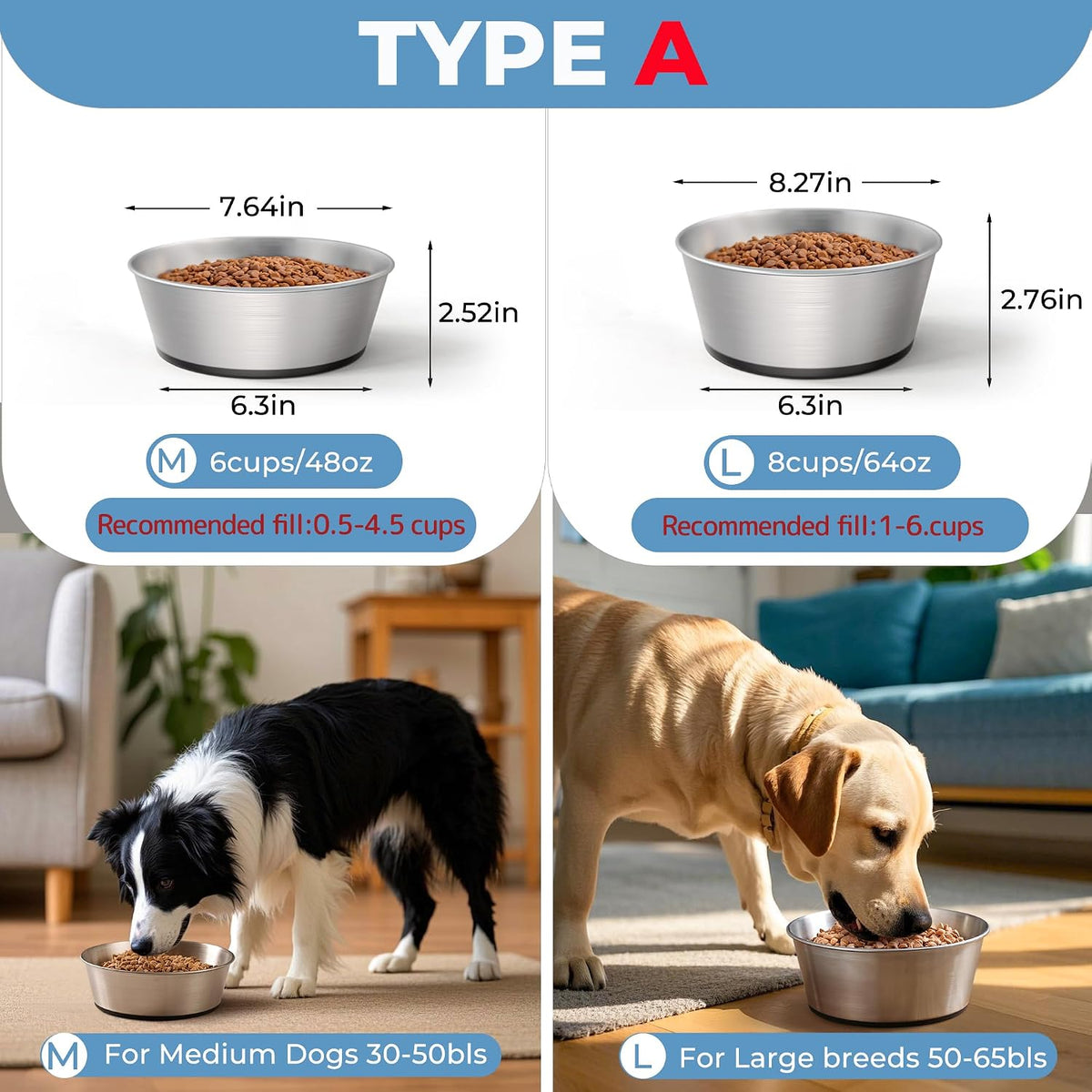 Stainless Steel Dog Bowls Set of 2 - Type A: 6 Cups - image 4
