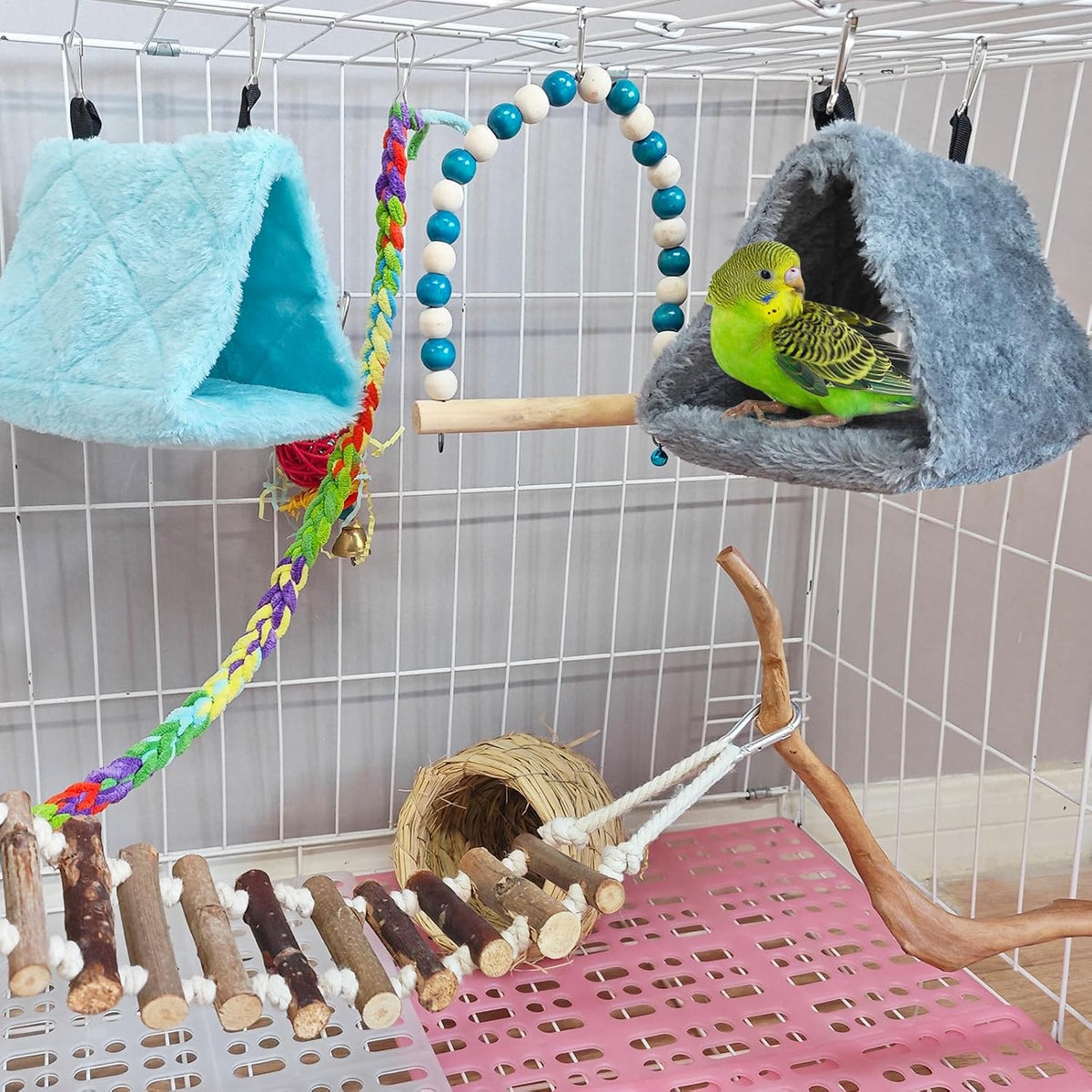 2Pcs Bird Tent Plush Hammock Hanging Warm Hut Nest for Cage - Blue&Gray(S) - image 3