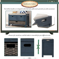 Storage Bench Removable Basket 2 Drawers Fully Assembled Acacia Wood Shoe Bench Standing Shoe Rack Removable Cushion for Living Room, Entrance Hallway, No Assembly Required Navy