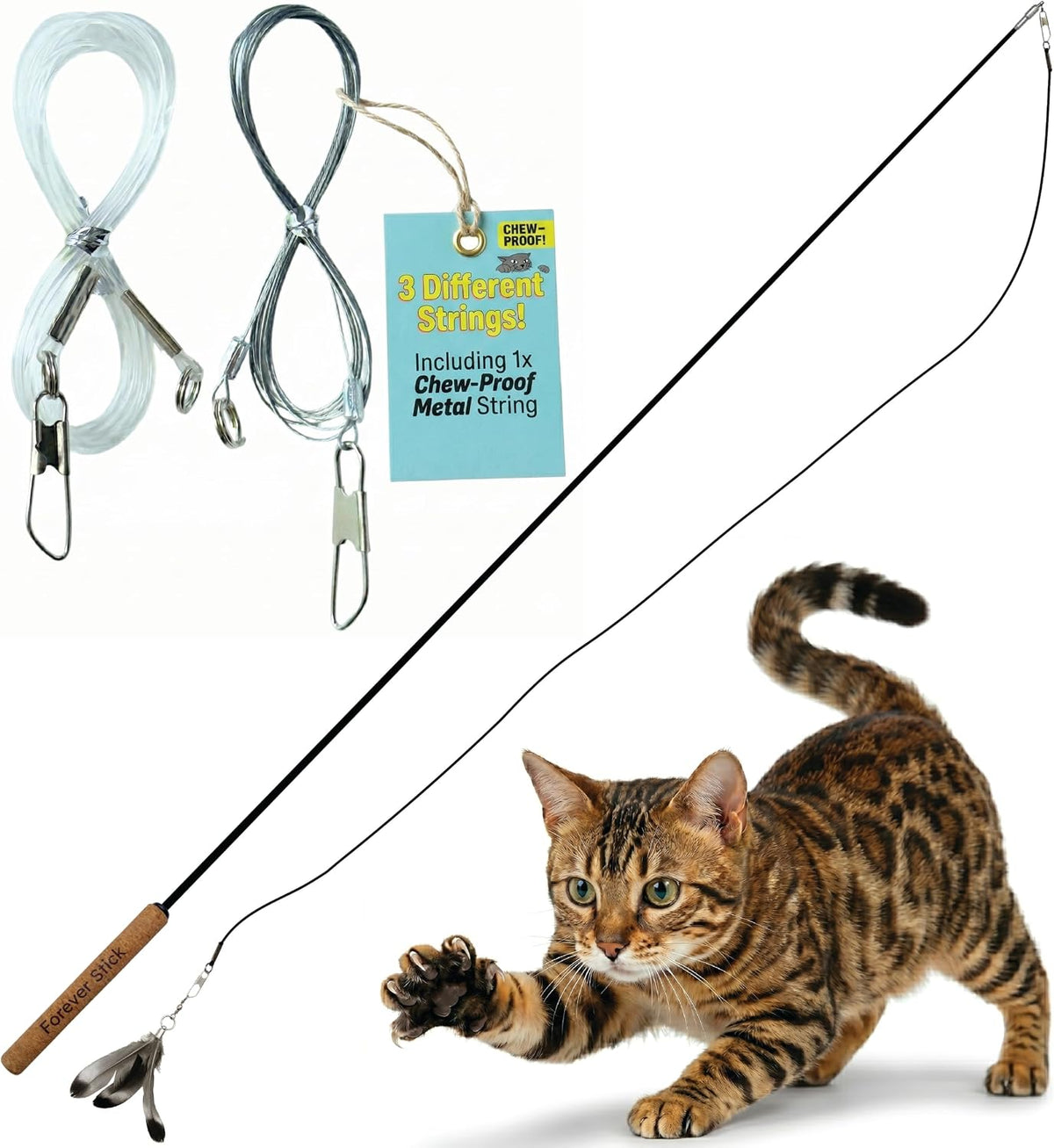Forever Stick Unbreakable Cat Wand Toy, Durable Feather Teaser – Essentials for Cats - Forever Stick and Chew-proof String