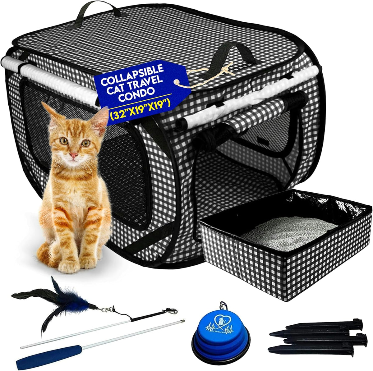 Extra Large Cat Carrier for Travel, Blue Checkers - Black
