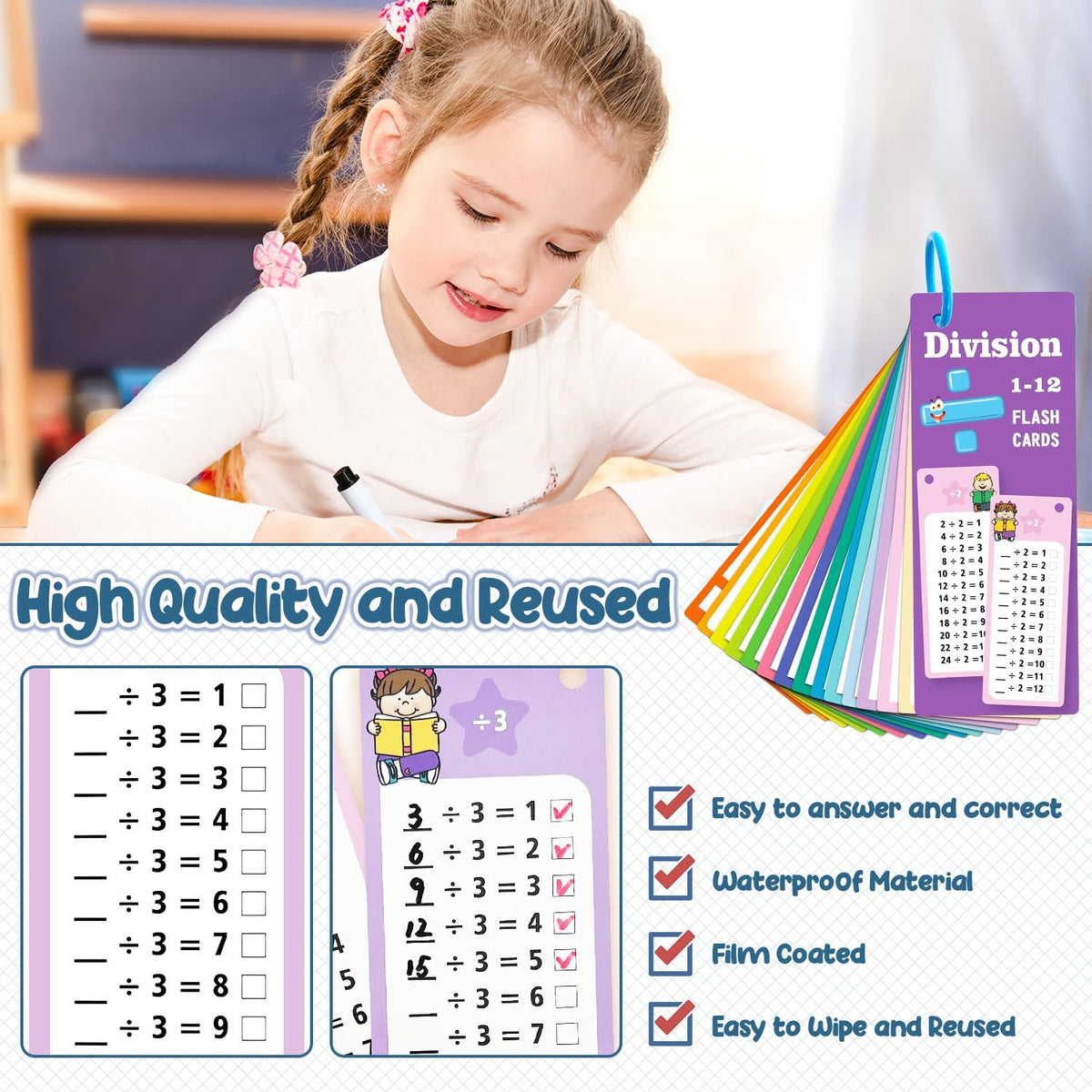 Anemeeoke 1-12 multiplication flash cards with dry erase markers and binder ring - view 11