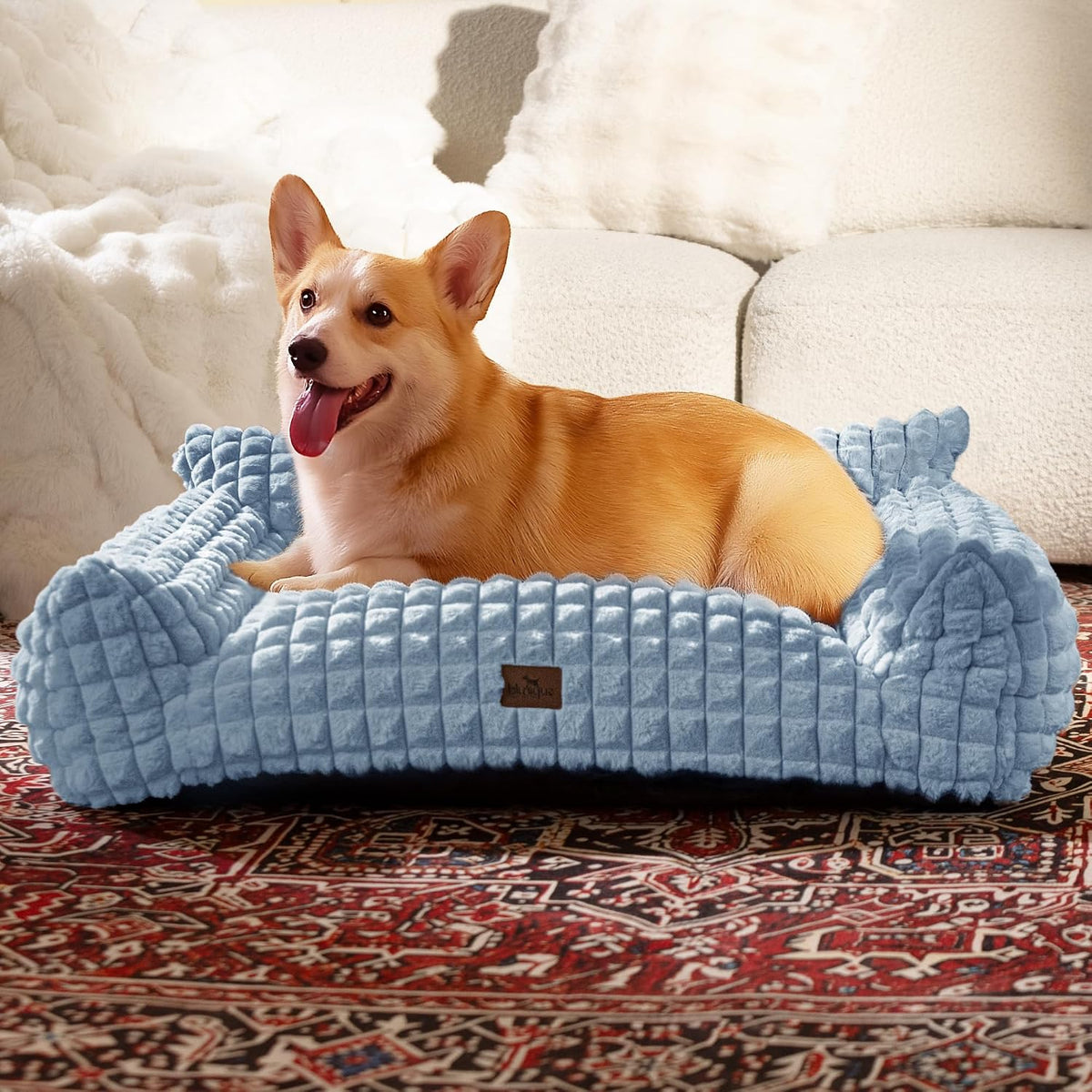 Cat Couch Bed with Fluffy Faux Rabbit Fur for Indoor Cats - Light Blue / Large: 36"L x 27"W x 10"Th