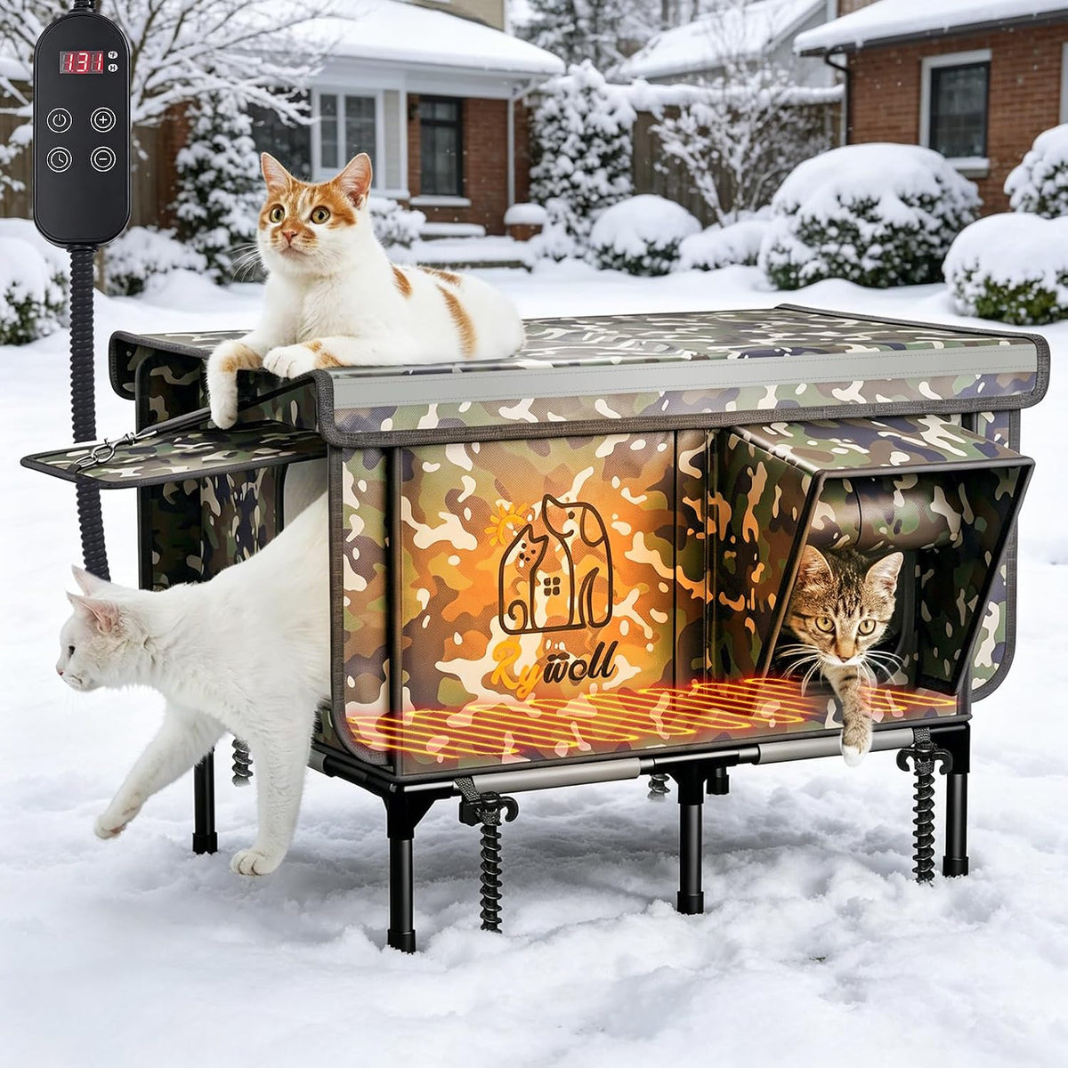 Rywell Heated Cat House, Weatherproof Insulated Outdoor Cat Shelter Timer – Essentials for Cats - Camouflage / Heated