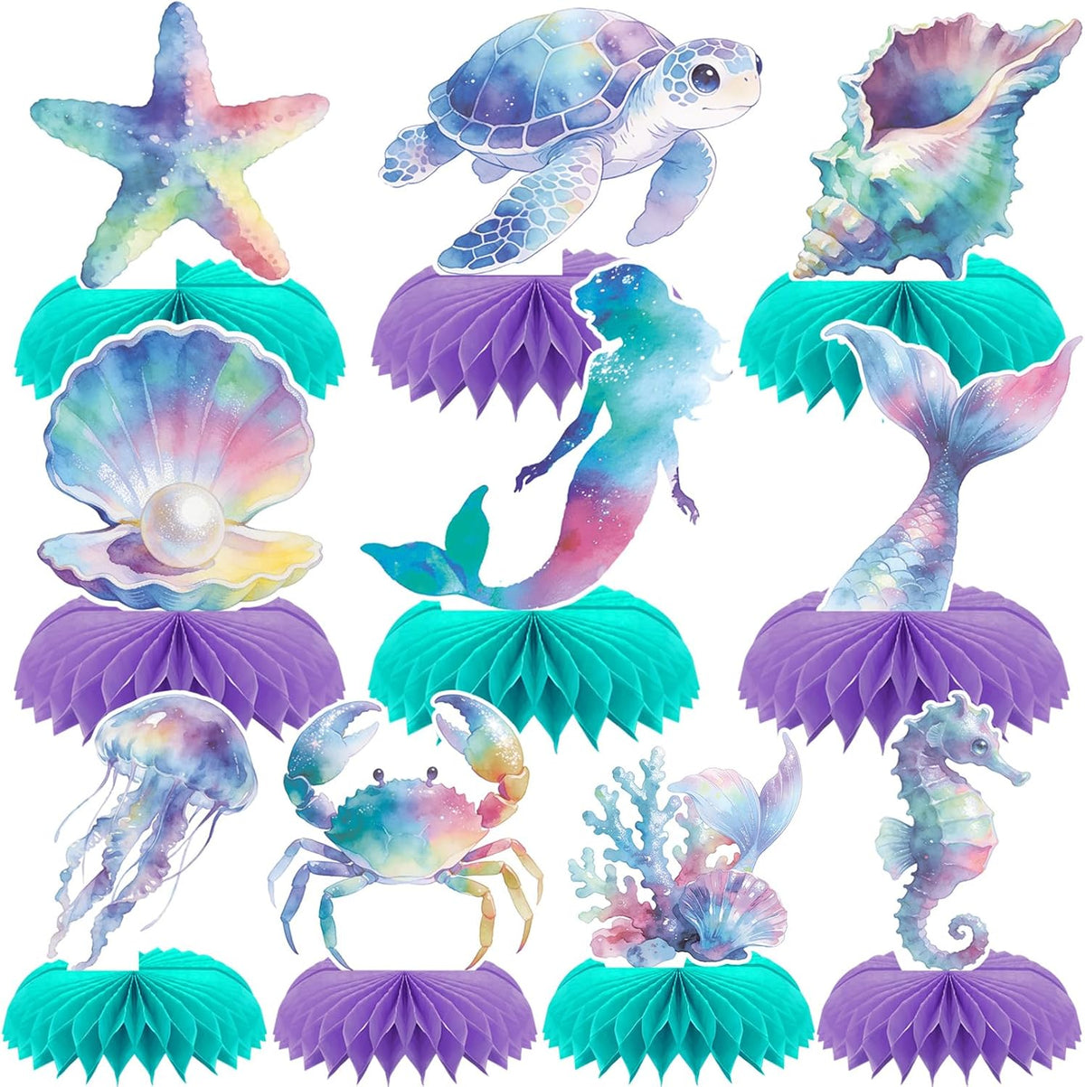 10 Pcs 80s Party Decorations, 1980s Table Honeycomb Centerpieces – Fun for Kids & Family - Mermaids Style