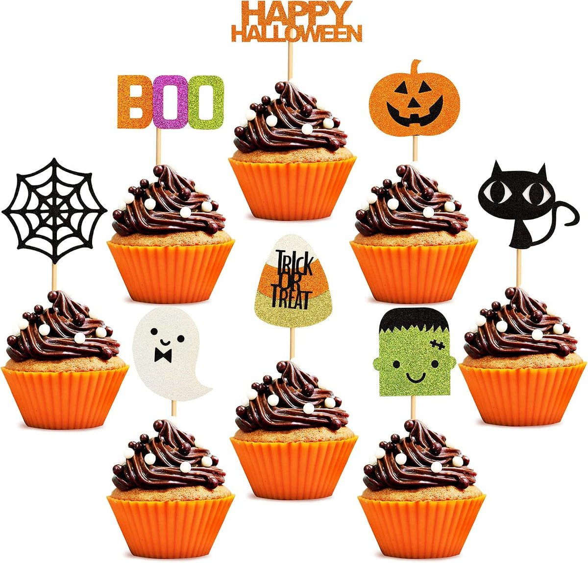Giga Gud 32 glitter Halloween Ghost Boo cupcake toppers, Frankenstein style
