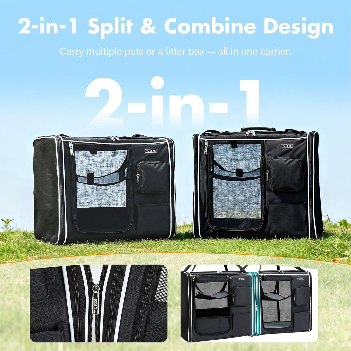 Lekereise Large Cat Carrier for 2 Cats - Foldable Black / L-2 Cats Travel - image 3