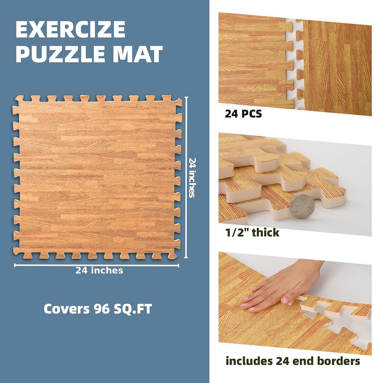 Art3d EVA Puzzle Exercise Mats, 24"x24", 1/2" Thick - Teak / 96 Sq.ft / 24 - image 2