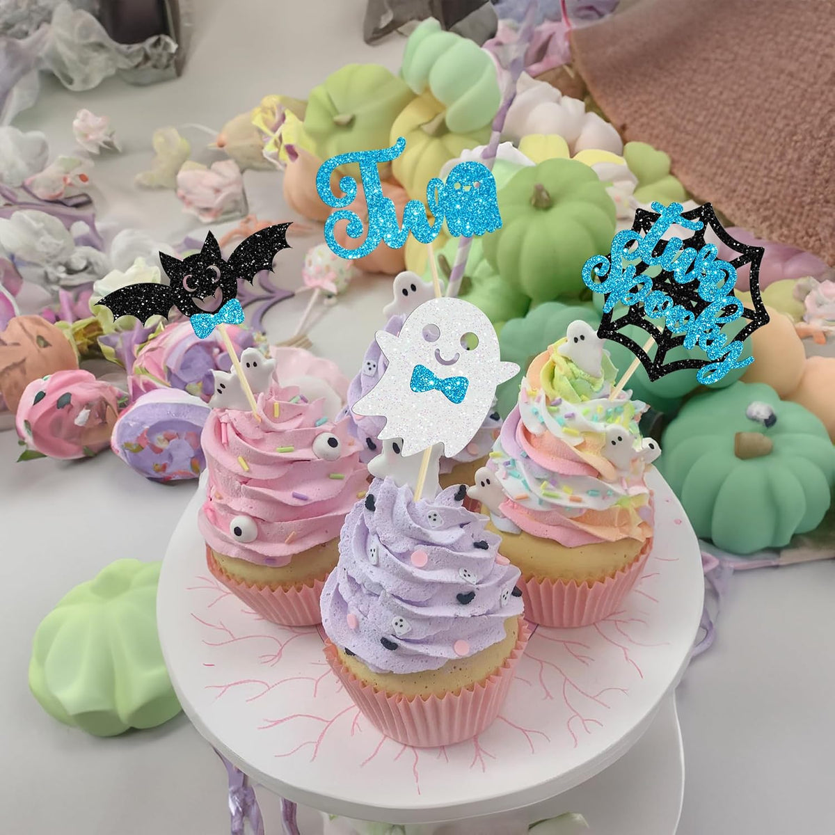 Ephlyn 24 white glitter ghost cupcake toppers for Halloween desserts - view 37