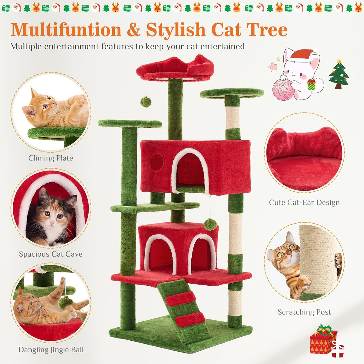 Sweetcrispy 54-inch Cat Tree Tower with Scratching Posts - Red & Green / 54IN - image 3