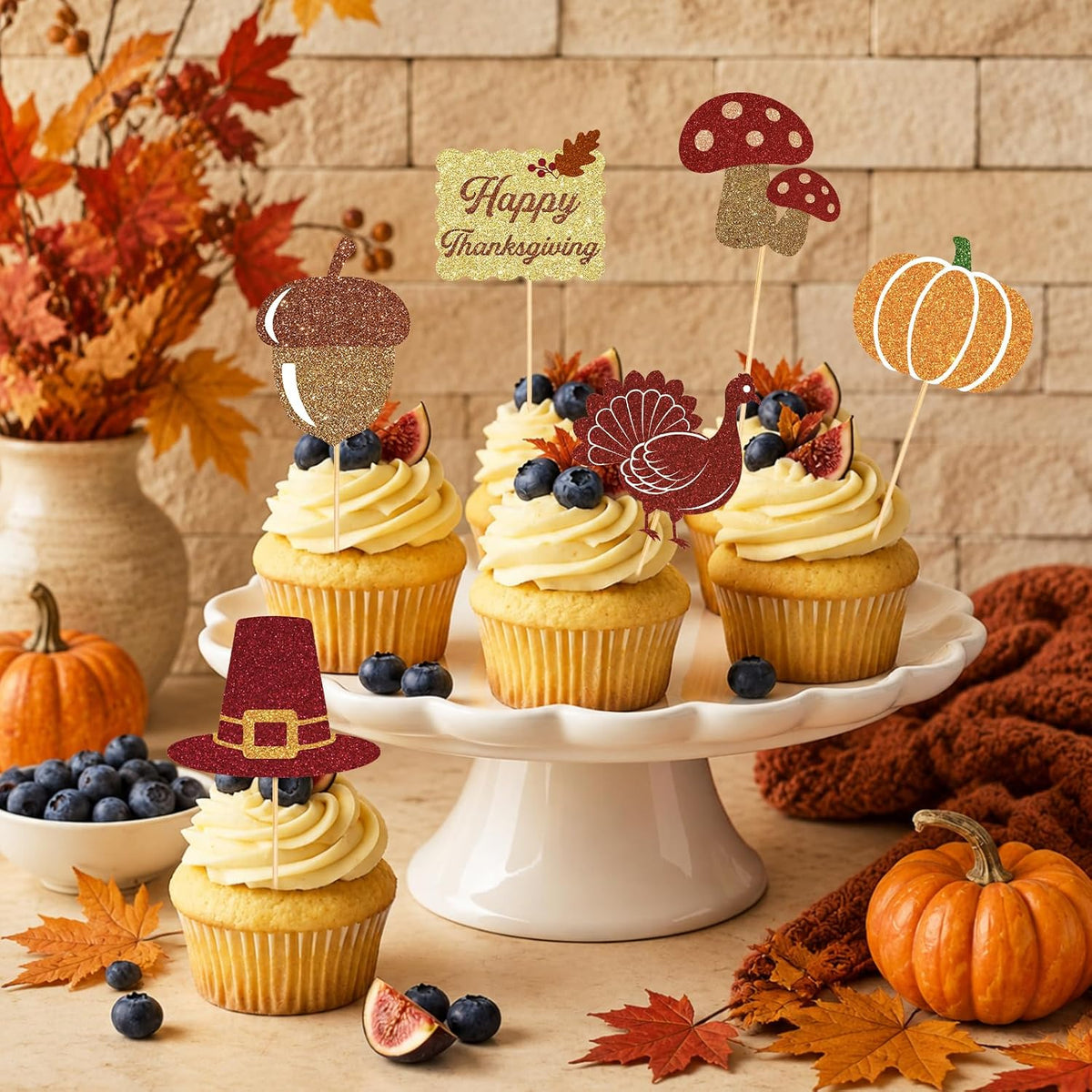 Adecortalk fall cupcake toppers, 48 glitter pumpkin, leaf and turkey picks in 8 designs - view 40