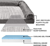 Furhaven Cooling Gel Dog Bed for Large Dogs w/ Removable Bolsters & Washable Cover, For Dogs Up to 95 lbs - Luxe Faux Fur & Performance Linen Sofa - Charcoal, Jumbo/XL