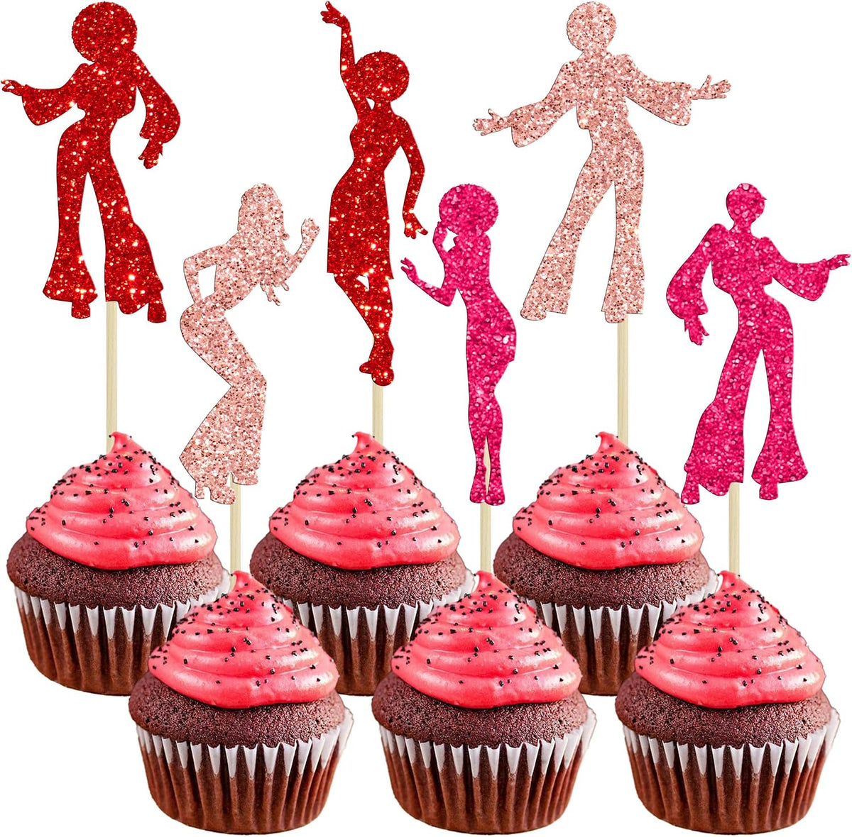 Gyufise 24Pcs Dance King Cupcake Toppers Glitter Jazz Dancers Happy - Red