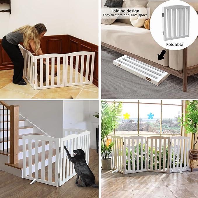 ZJSF Foldable Freestanding Indoor Dog Gate for House Wood White Long Pet Gates Dog Fence for Stairs Puppy Gates for Hallways, Puppy Gate,Support Feet Included 32 "Height-4 Panels