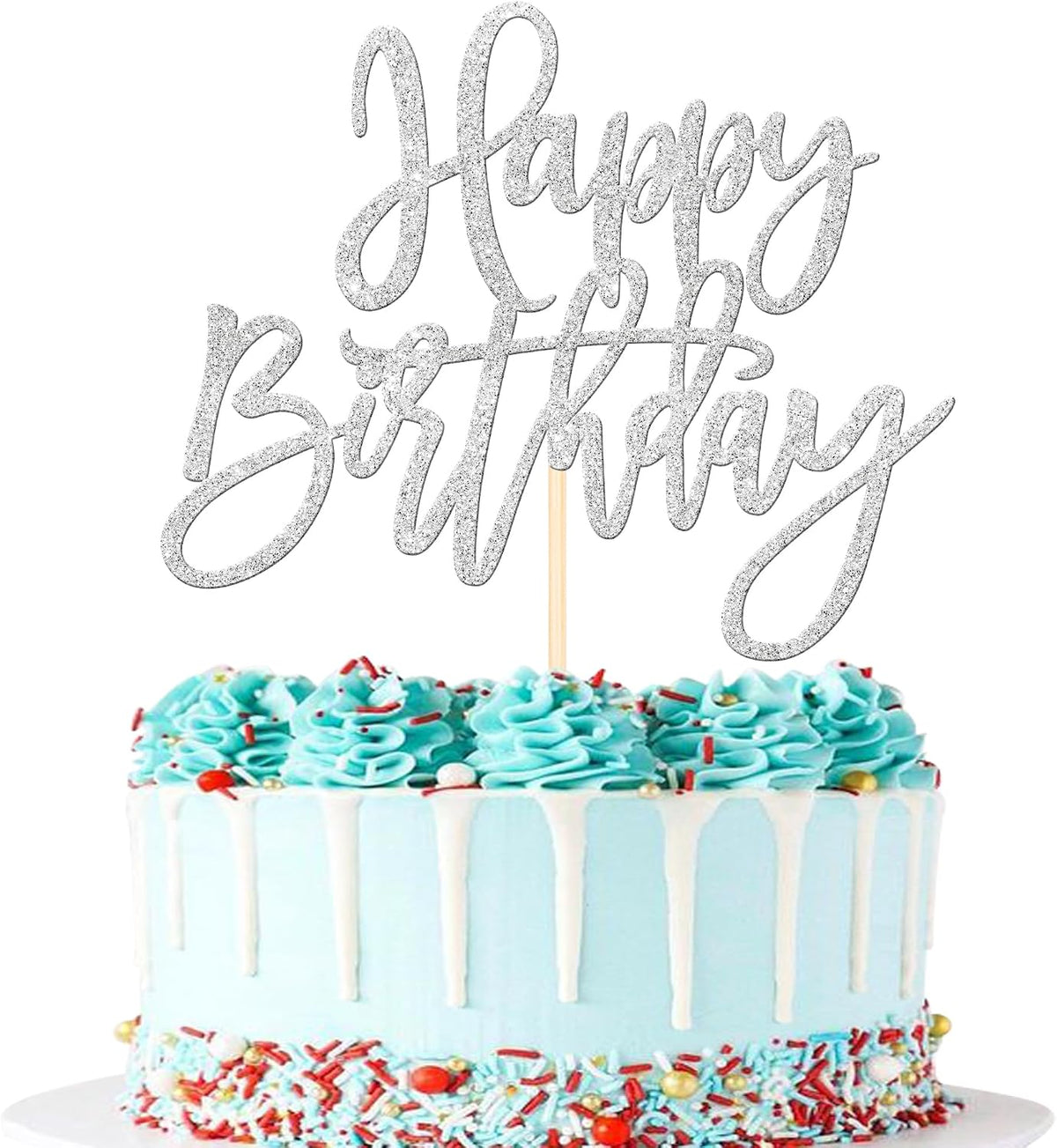 ZHUOWEISM 1 PCS Gold Happy Birthday & Anniversary Cake Topper – Fun for Kids & Family - Silver