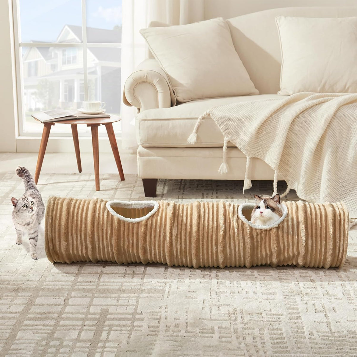 Cat Tunnel for Indoor Cats - Beige / 45.3"L x 9.8"W x 9.8"H