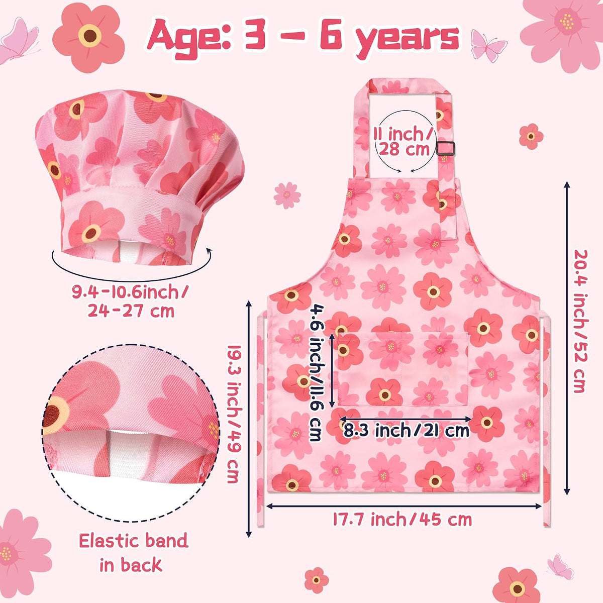 4Pcs Kids Apron and Chef Hat Set Gift for Girls Boys - Butterfly Flowers - image 2
