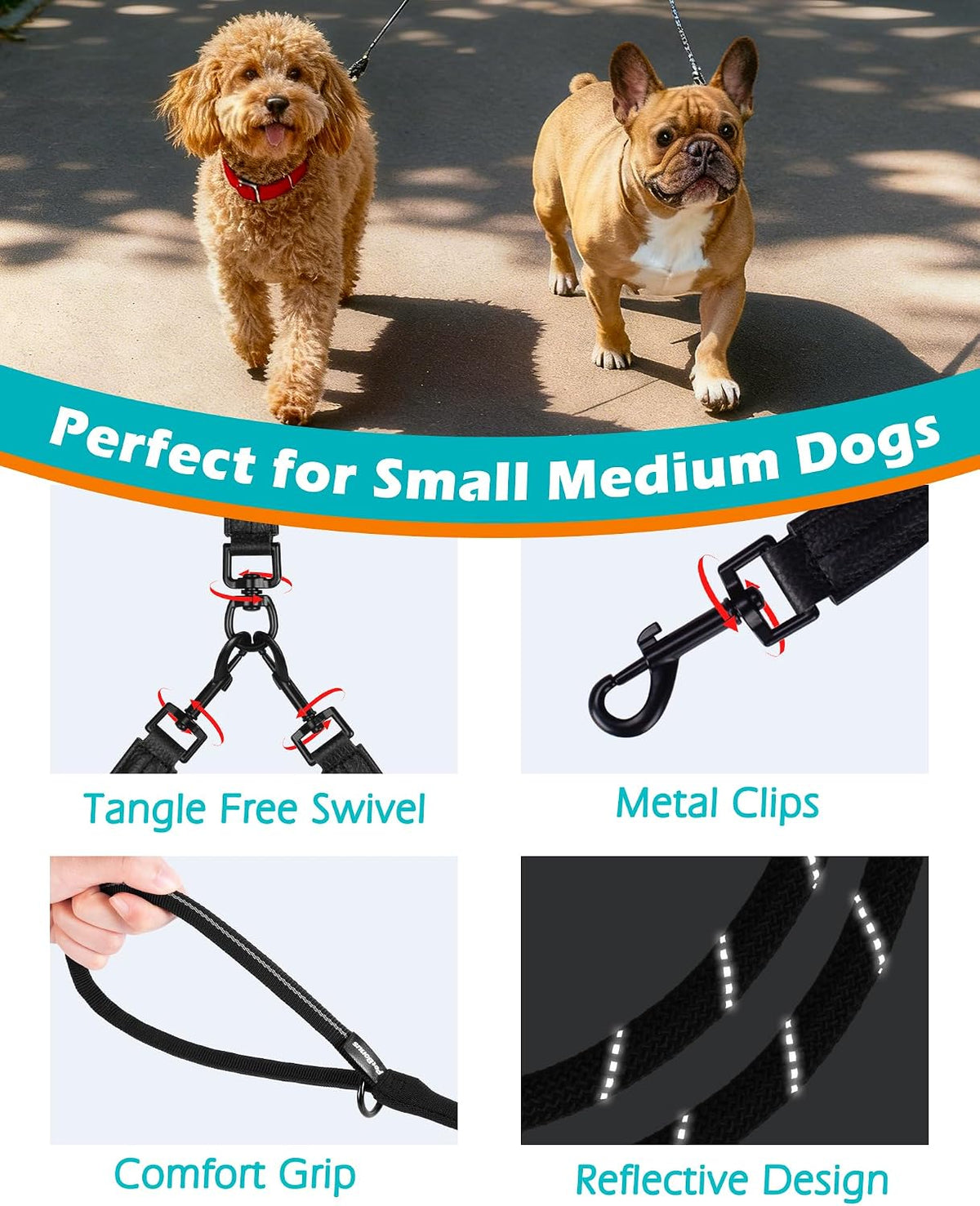 PetBonus rope double dog leash with swivel clip and padded handles for two dogs - view 2