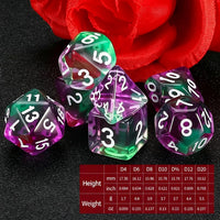 QMAY DND Dice Set - 7Pcs Blue Mix White Polyhedral Dice with Black Dice Bag – Fun for Kids & Family - Purple Green Transparent - image 3