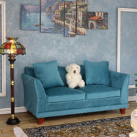 iLAND 1:12 scale dollhouse couch in turquoise blue velvet with two cushions and two pillows - view 6