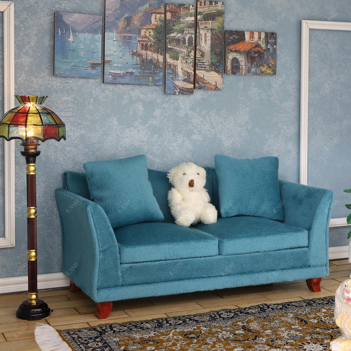 iLAND 1:12 scale dollhouse couch in turquoise blue velvet with two cushions and two pillows - view 6
