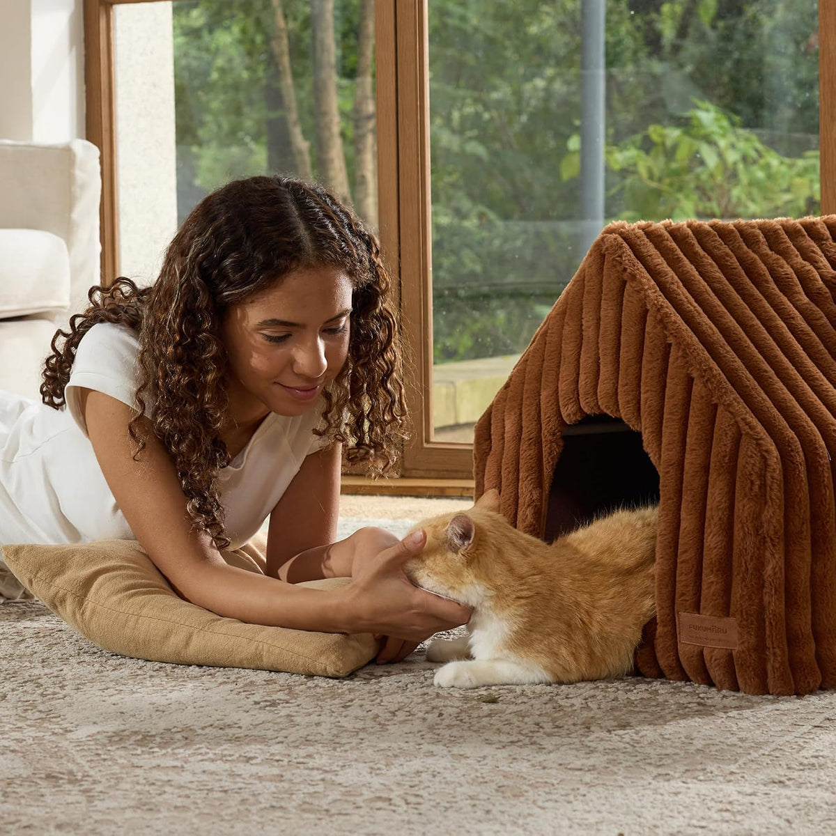 FUKUMARU Cat Bed Cave, Enclosed Washable Covered Dog Bed with Support Frame – Essentials for Cats - Brown / 17 Inch (Cats up to 15 lbs, Dogs up to 10 lbs) - image 4