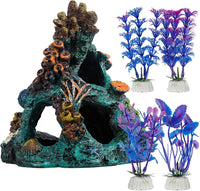 Uniclife Aquarium Decorations Resin Coral Rock Mountain Cave Fish - Green Coral Tower + Purple Seaweed