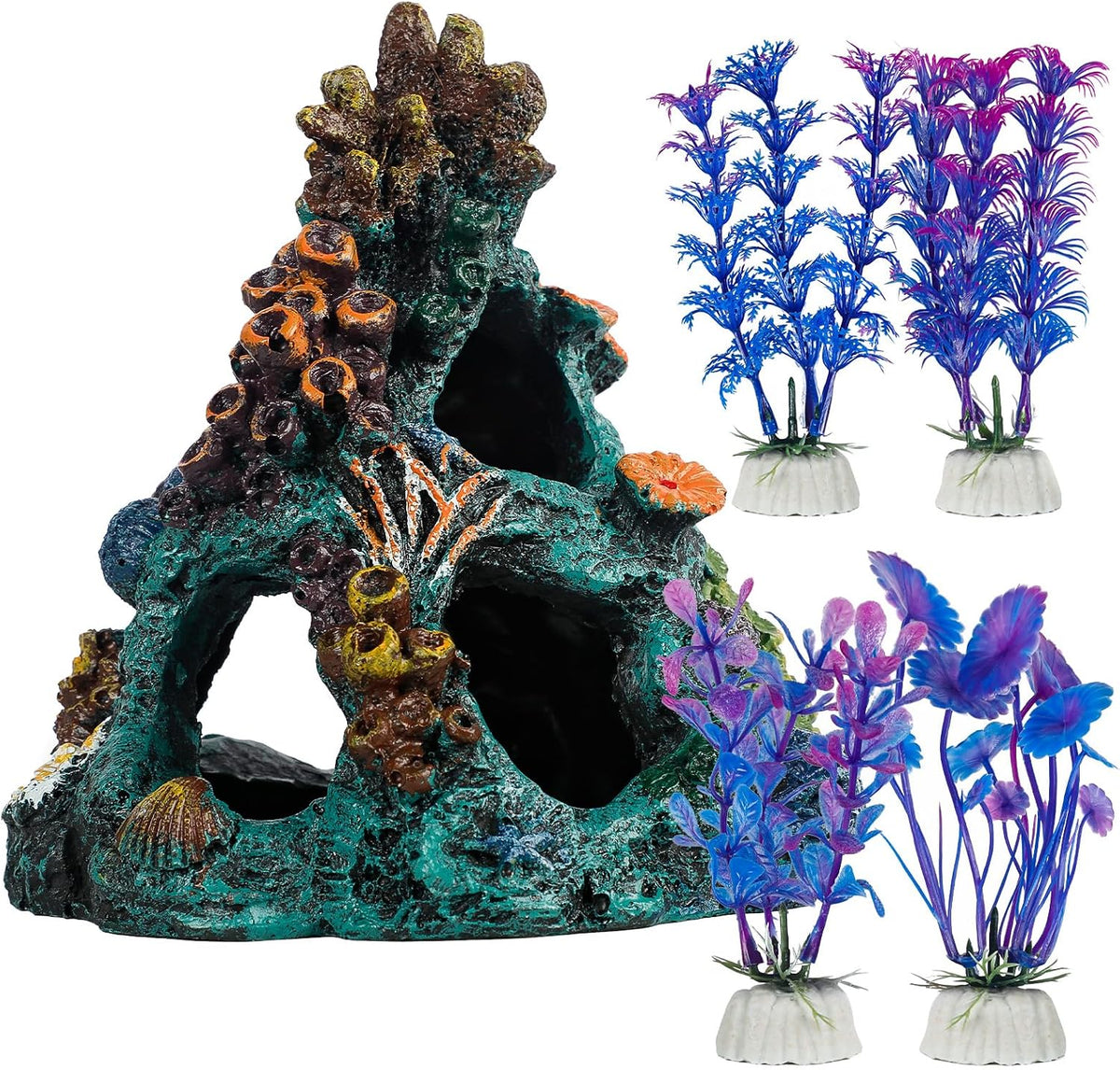 Uniclife Aquarium Decorations Resin Coral Rock Mountain Cave Fish - Green Coral Tower + Purple Seaweed