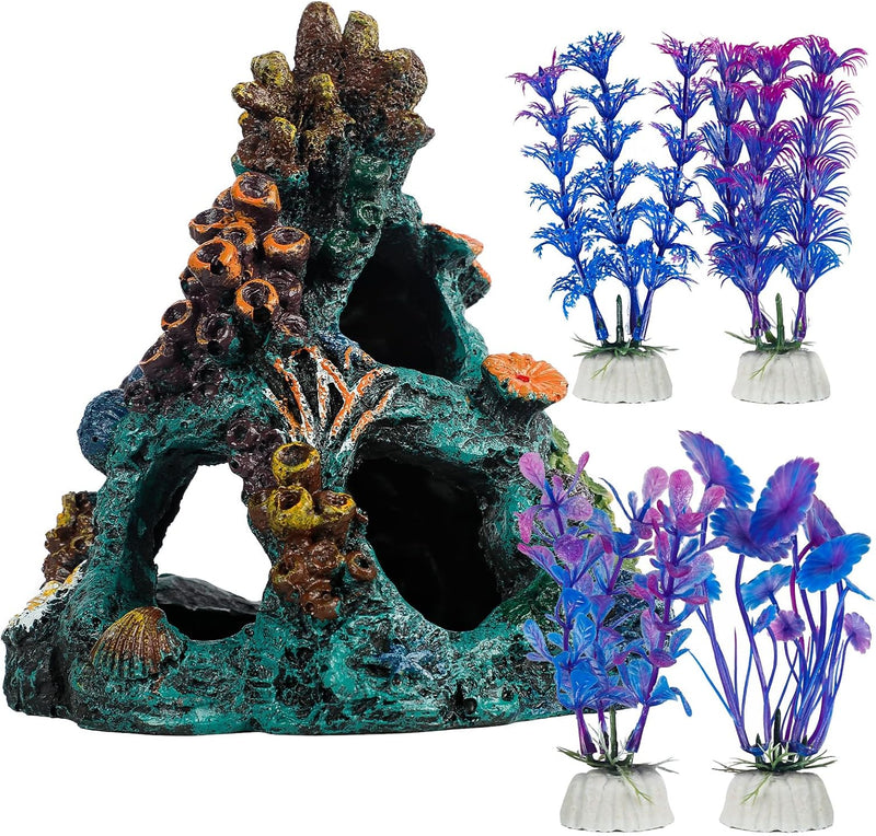 Uniclife Aquarium Decorations Resin Coral Rock Mountain Cave Fish - Green Coral Tower + Purple Seaweed