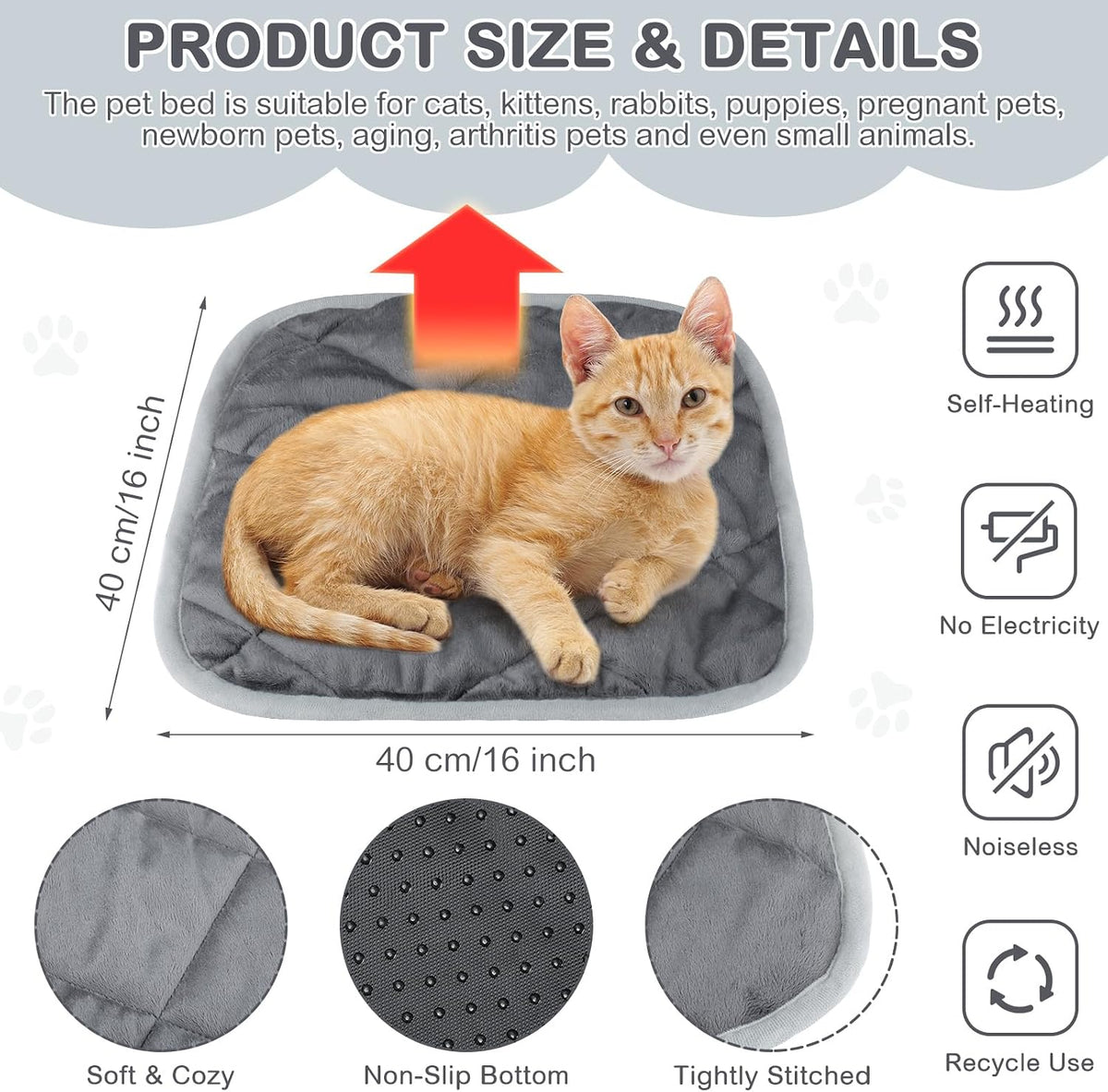 2 Pack Self Warming Cat Bed Thermal Pet Mat - 16 x 16 Inches / Gray - image 2