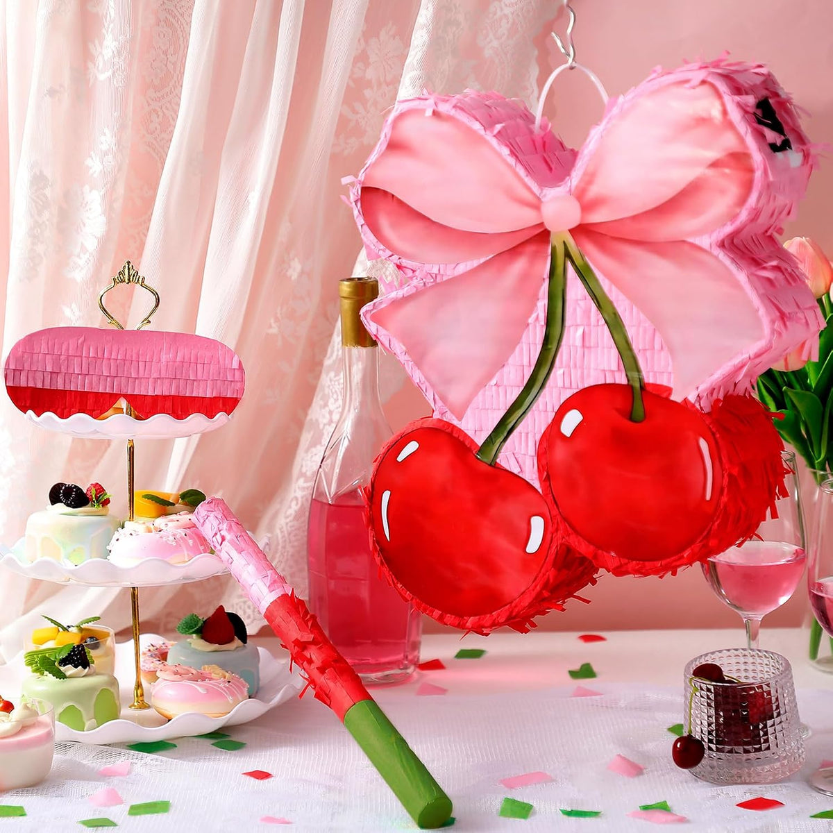 Feifeiya pink bow piñata with pink and white bat, eye masks and confetti - view 26