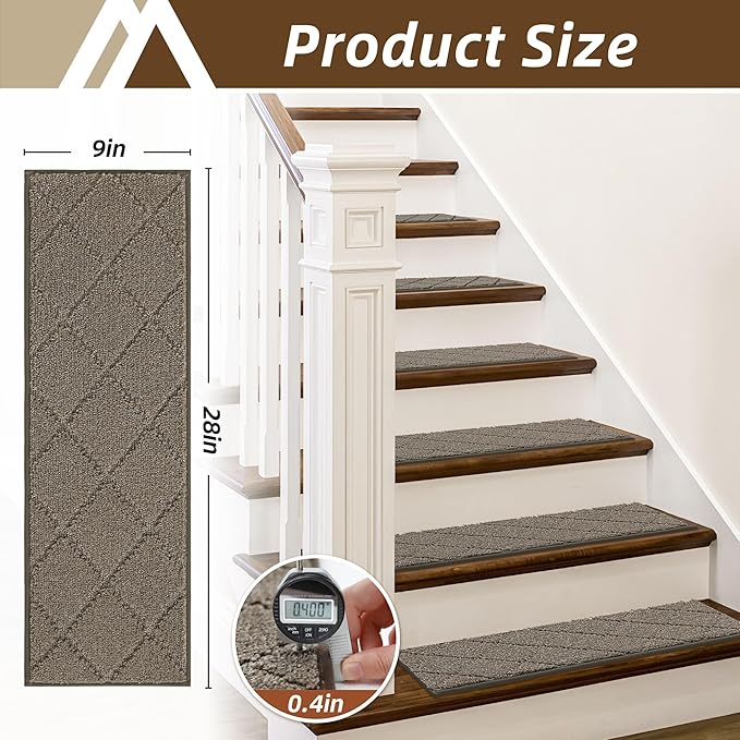 COSY HOMEER Stair Treads for Wooden Steps 9"x28" Washable Indoor Carpet Stair Treads Non Slip Soft Polyester Stair Carpet Tread Reusable Stair Runner Rugs for Kids, Elders,Pets,Light Brown,10pcs