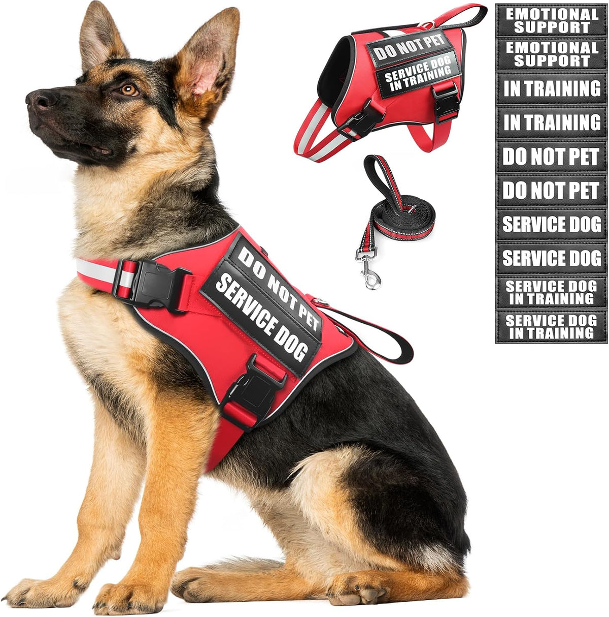 Service Dog Vest Harness and Leash Set+10 Patches - Extra-large / Red