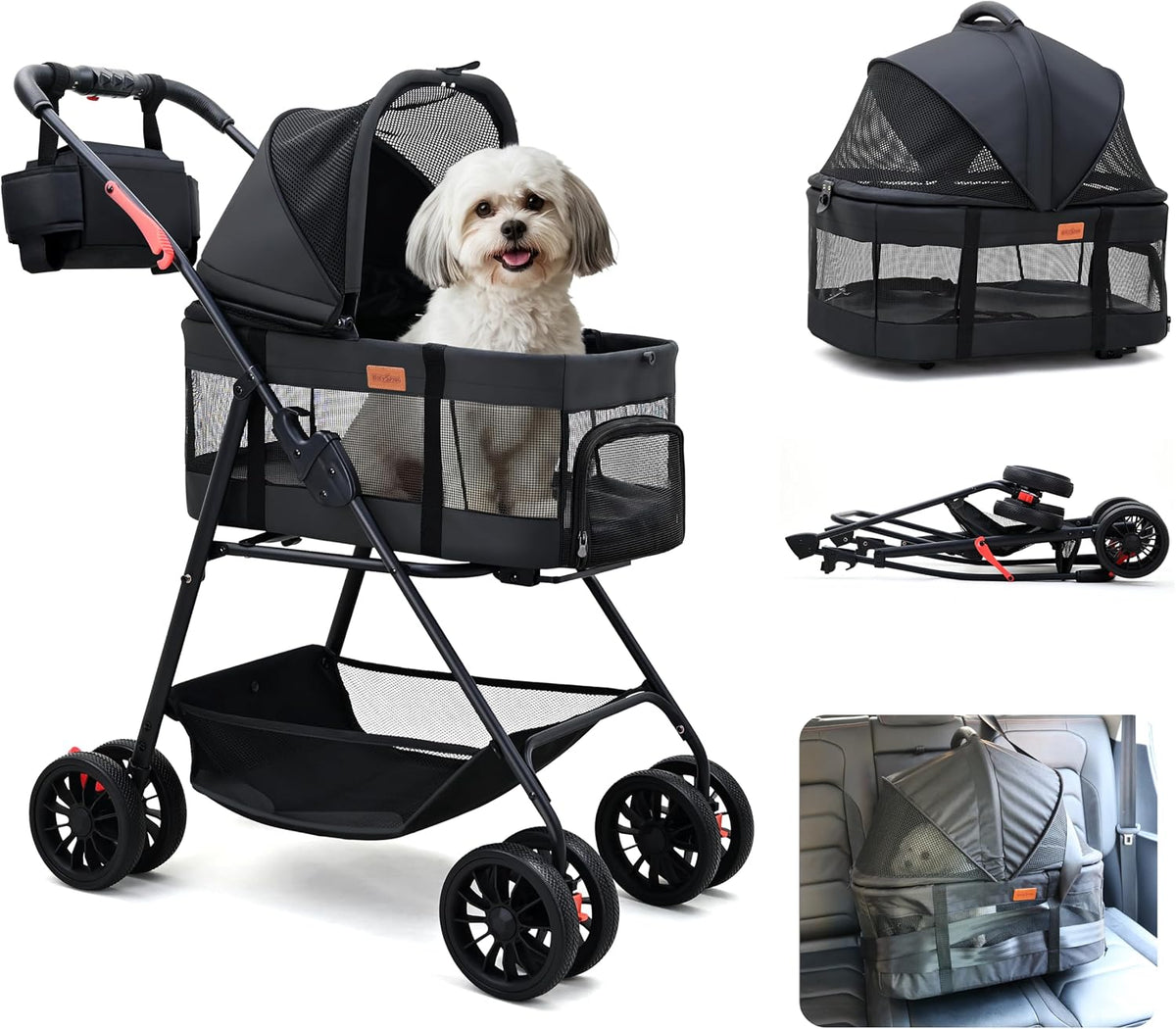 Bicystar 3 in 1 Pet Stroller, Cat Stroller w/Detachable Carrier