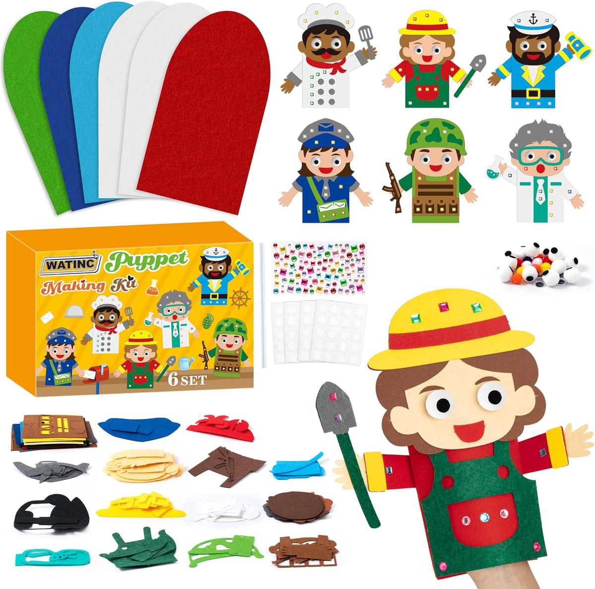 WATINC Hand Puppet Making Kit, Felt Sock Puppet Toys for Kids – Fun for Kids & Family - Career B
