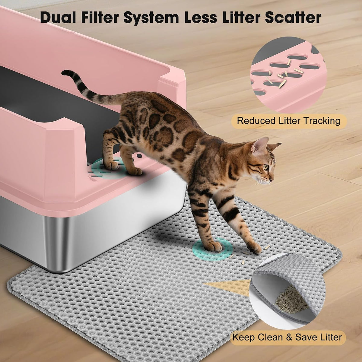 FURTIME Stainless Steel Cat Litter Box - Pink / Large - image 4
