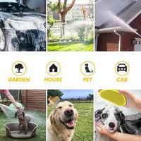 Dog Wash Hose Attachment, 10-in-1 Spray Mode Pet Shower Soap Sprayer with Grooming Comb Rubber Brush, Hose Nozzle with 100cc Soap Dispenser, for Watering, Car Wash, Dog and Horse Showering (Yellow)