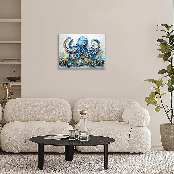 Octopus Bathroom Pictures Wall Art, Sea Animal Ocean Bathroom Wall Decor, Nautical Framed Painting Canvas Artwork for Bedroom Living Room Decorations 16"L x 12"W